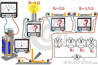 The physical task for studying the topic of Ohm`s laws for an electrical circuit Vector Illustration